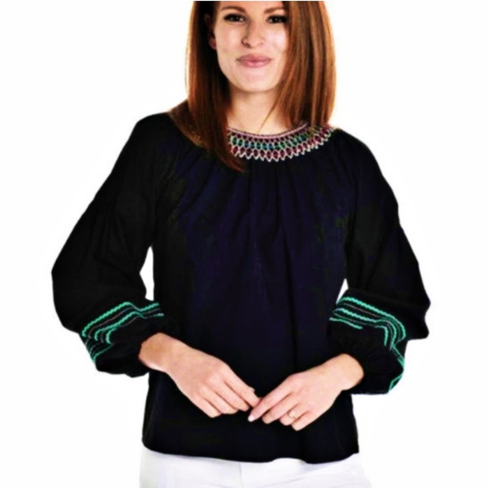 JOIE GHADA EMBROIDERY PEASANT BLOUSE BLACK ROUND NECK 3/4 PUFF SLEEVES T…